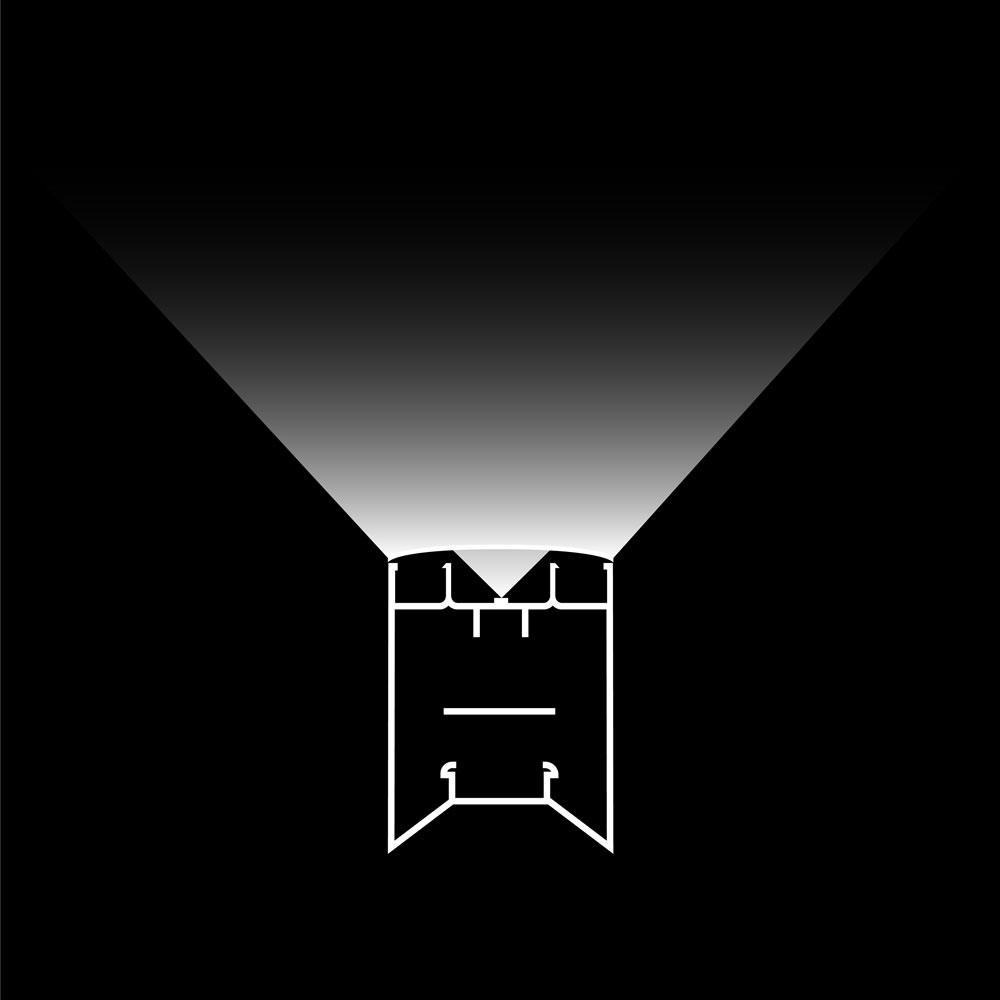 Tecnologia inovadora de lentes micro-convexas da lente Batwing - difusão perfeita da luz para iluminação indireta LED no teto. (representação gráfica)