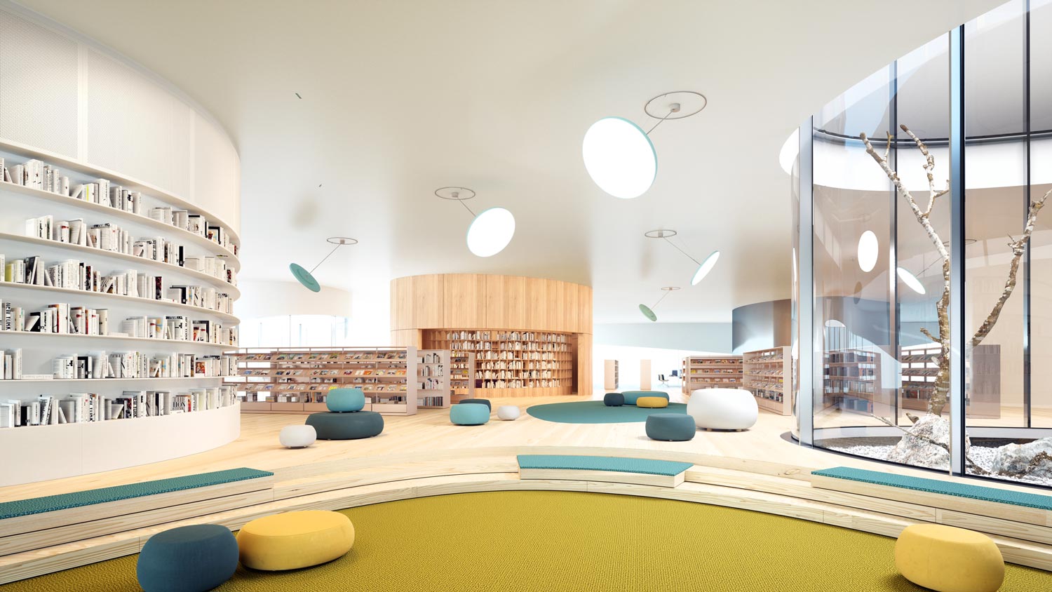 Luminaire suspendu Sign Diva Dancer comme éclairage d'accentuation dans une bibliothèque scolaire