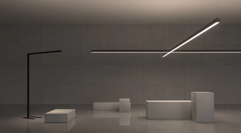 Família de produtos SLIDER com lentes Batwing - candeeiro de pé e sistema de perfil com iluminação LED indireta eficiente. (Representação do produto)