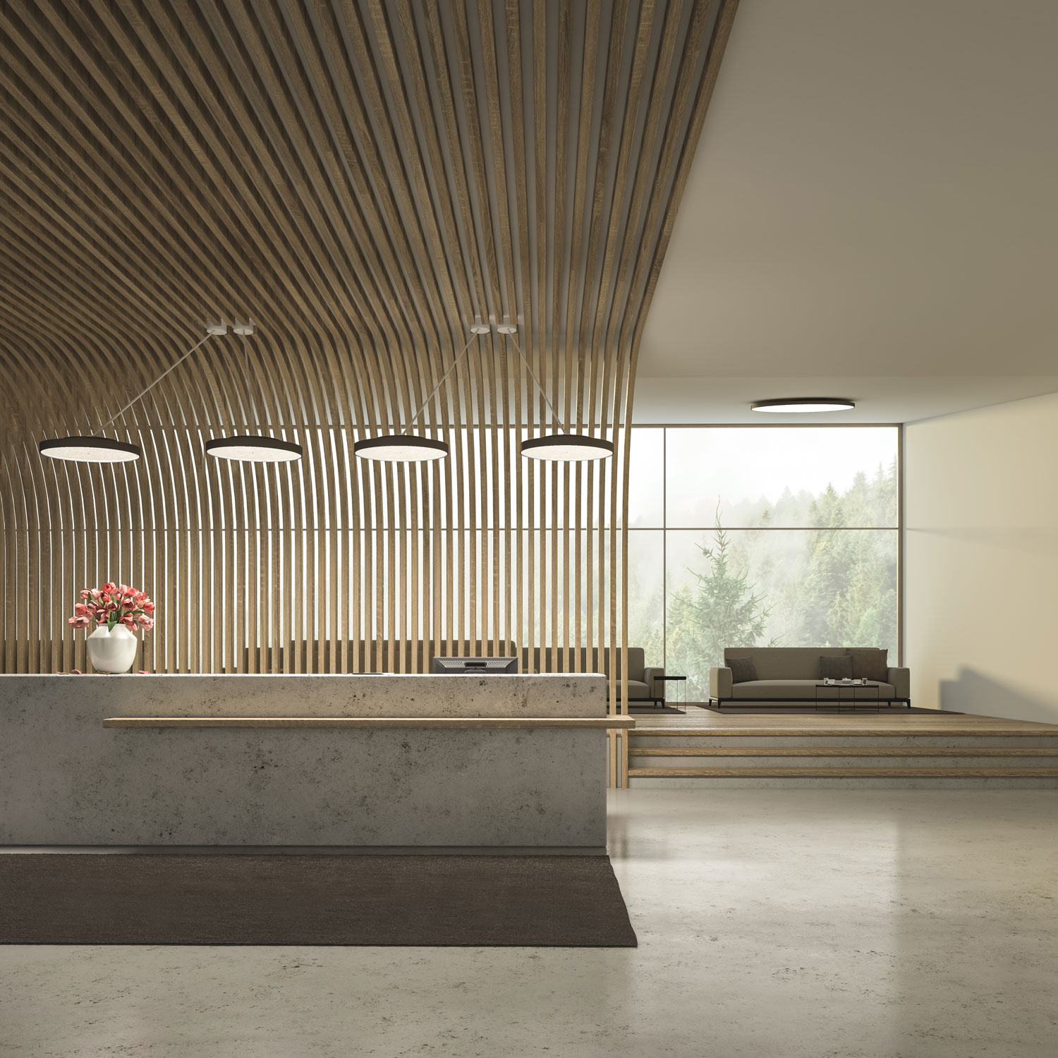 Una luminaria suspendida SIGN DIVA redonda proporciona una iluminación elegante y armoniosa en la zona de recepción de un consultorio médico.