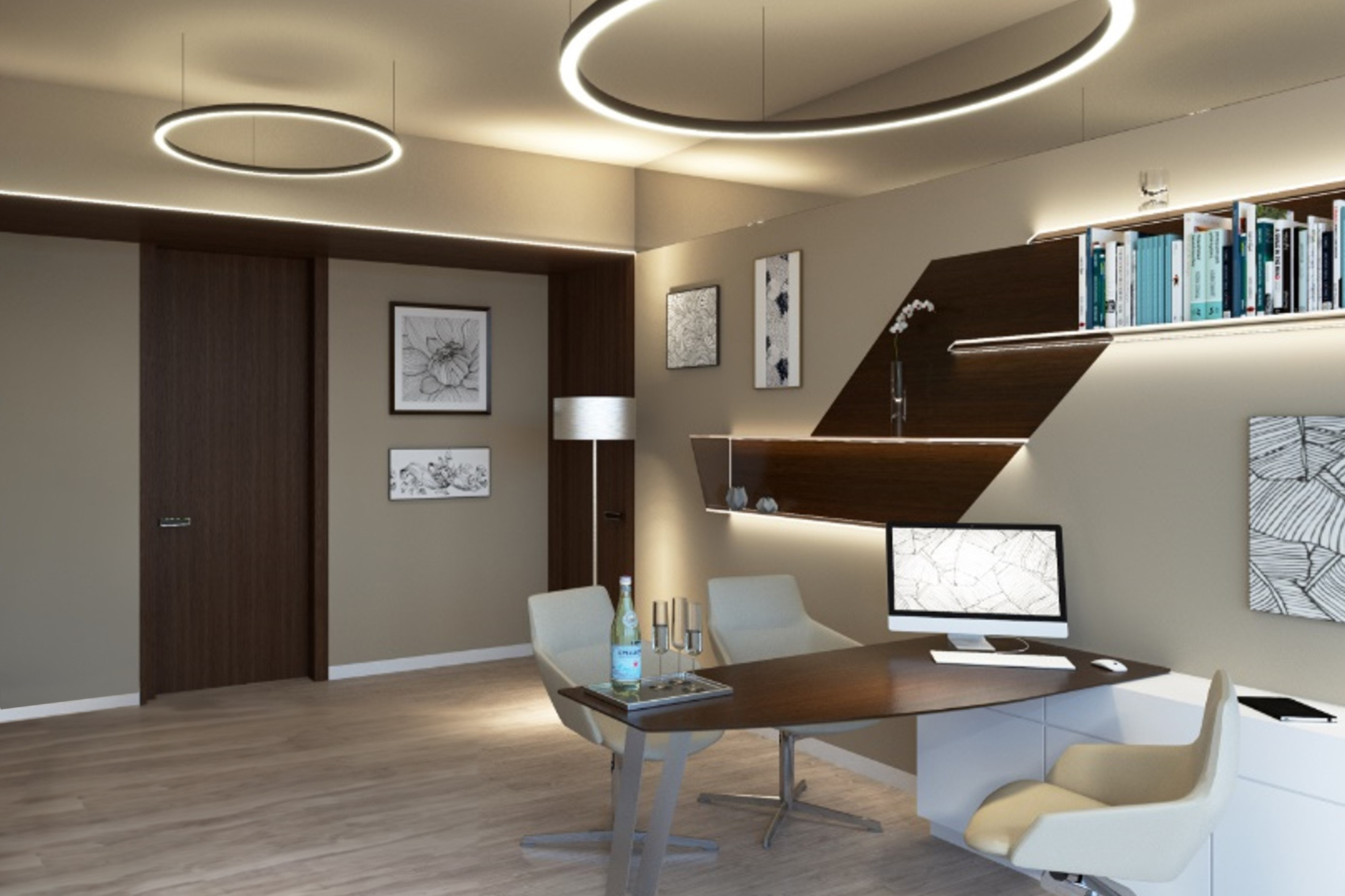 Una gran luz anular negra GLORIOUS como luminaria suspendida sobre una mesa de reuniones proporciona una iluminación elegante y uniforme en la consulta de un médico de cabecera.