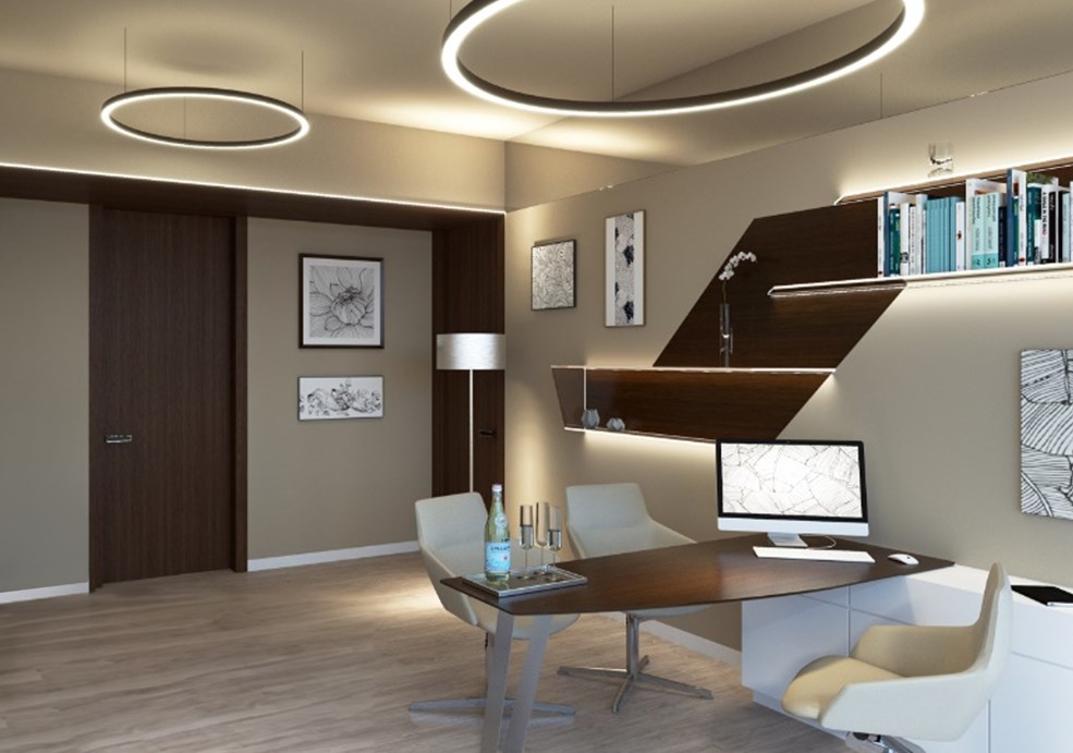 A large, black GLORIOUS ring light as a pendant luminaire above a meeting table provides elegant and even lighting in a GP's consulting room.