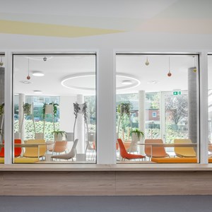 GLORIOUS, SIGN and SNOOKER pendant luminaires for architectural dining table and corridor lighting in hospital canteen